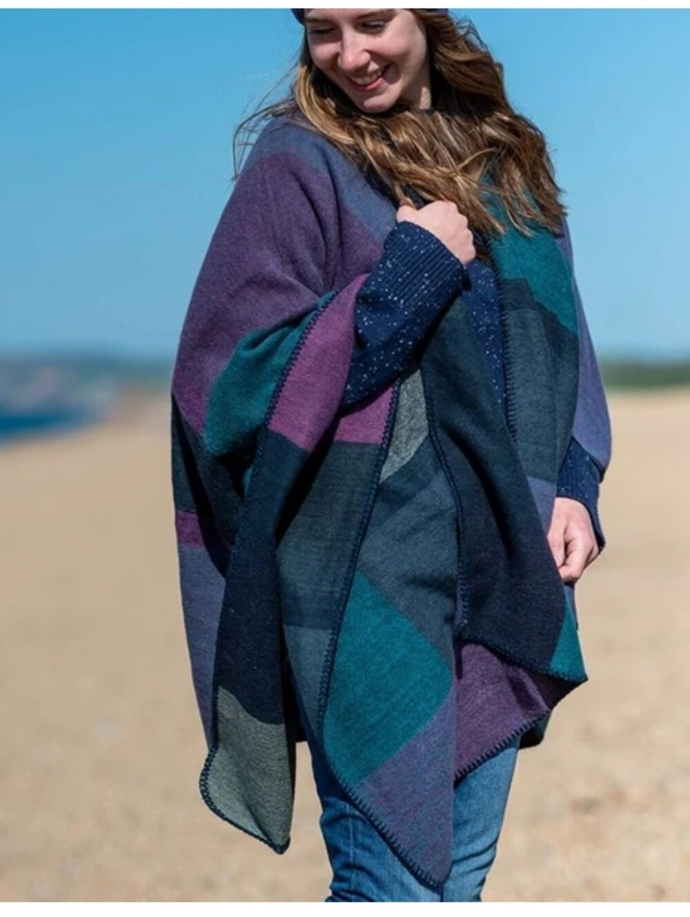 Colorblock Knit Poncho Sweater - Teal, Purple & Navy